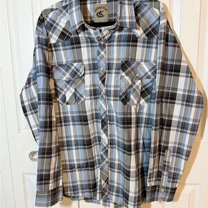 Casual Blue and Black Plaid Shirt Pearl Style Snaps Sz XL Chic!  EUC  CH